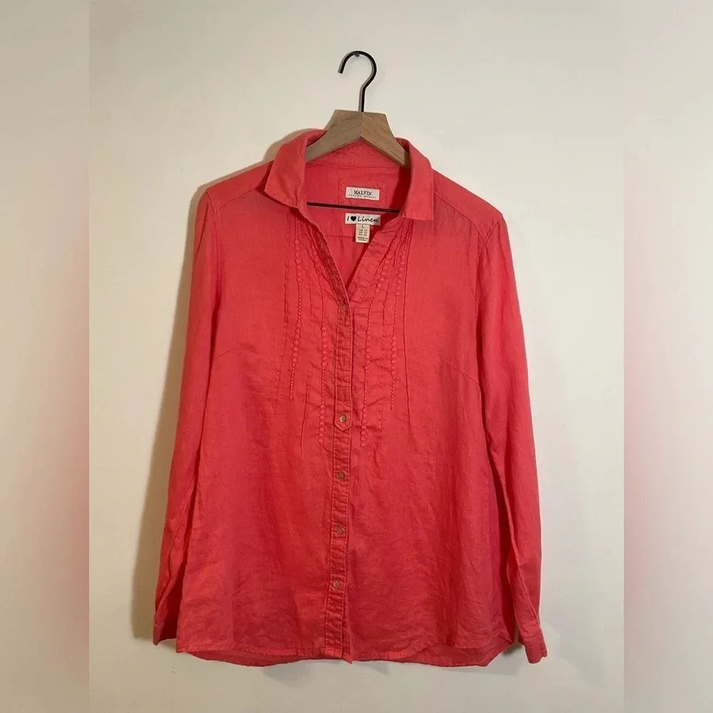 Malvin Hamburg Germany Linen Shirt Womens Large Salmon/Pink ButtonUp Embroidered
